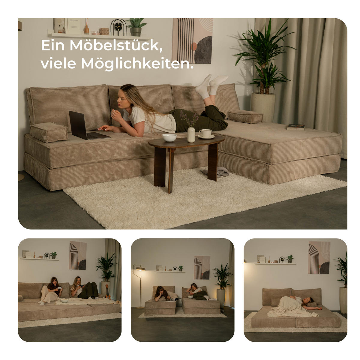 ECKSOFA ANKO modulares Boneless Sofa mit Schlaffunktion Blau Kordstoff - Blau, Textil (270/160cm) - MASSENO