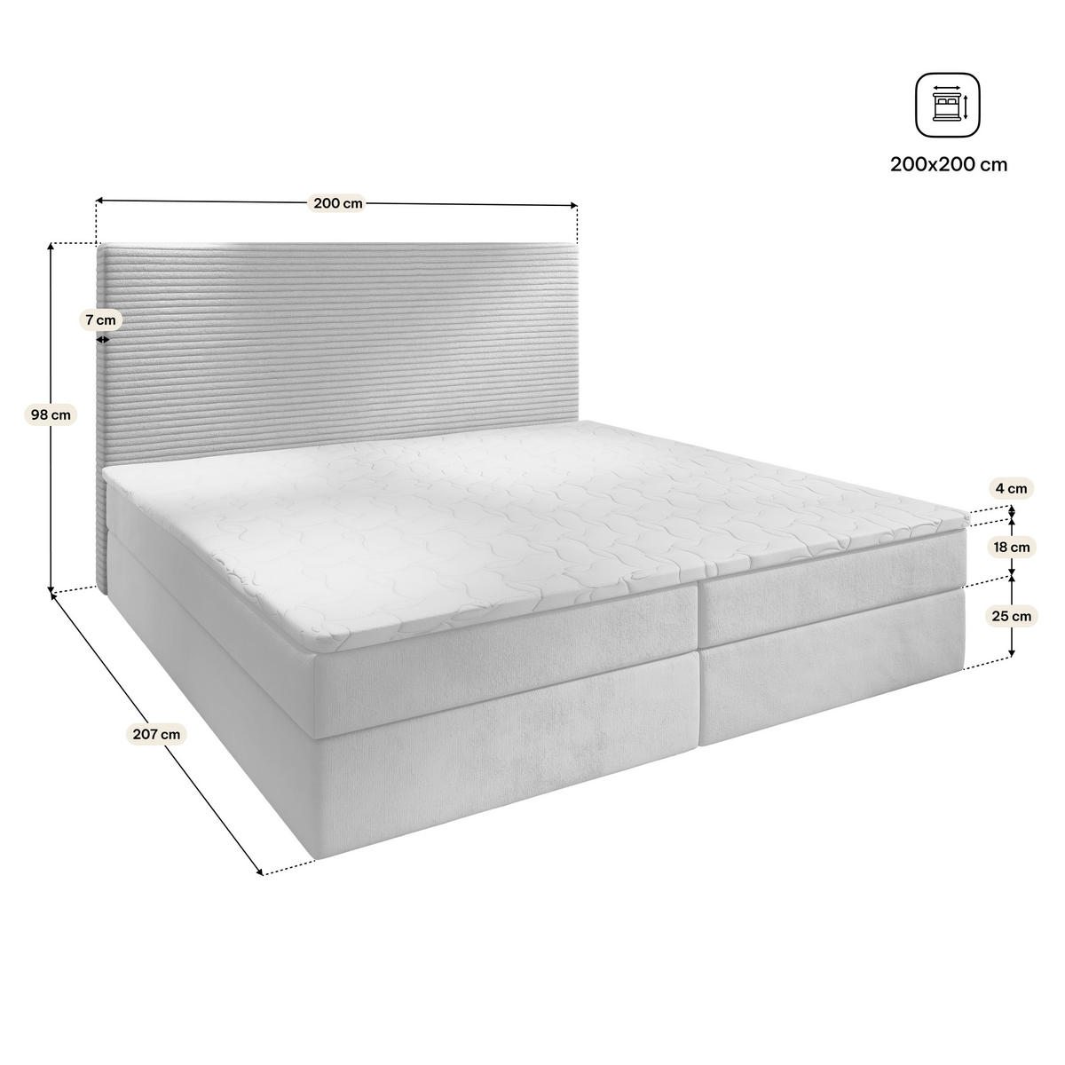 BOXBETT GIARRO 200x200 cm mit Matratze und Topper, H2+H3 - Braun - Braun, Holz (200/200cm) - MASSENO