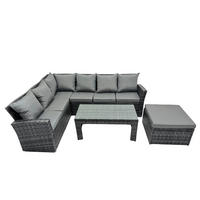 BALKONMÖBEL-SETS mit Ecksofa,Länglicher Couchtisch,Hocker Polyrattan Dunkelgrau 7-Sitzer - Dunkelgrau/Grau, Glas/Kunststoff - Fimous