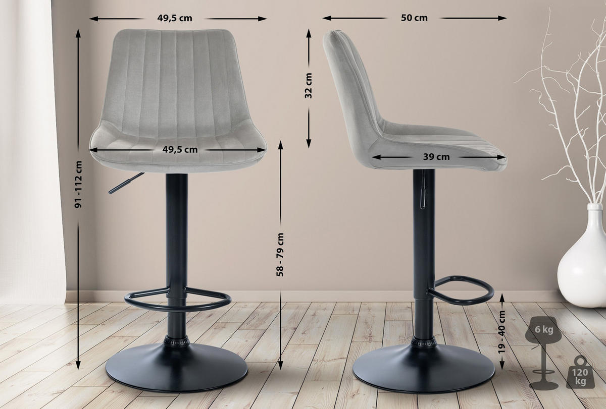 BARHOCKER Tolor Samt schwarz grau - Schwarz/Grau, Textil/Metall (49.5/112/50cm) - TPFLiving