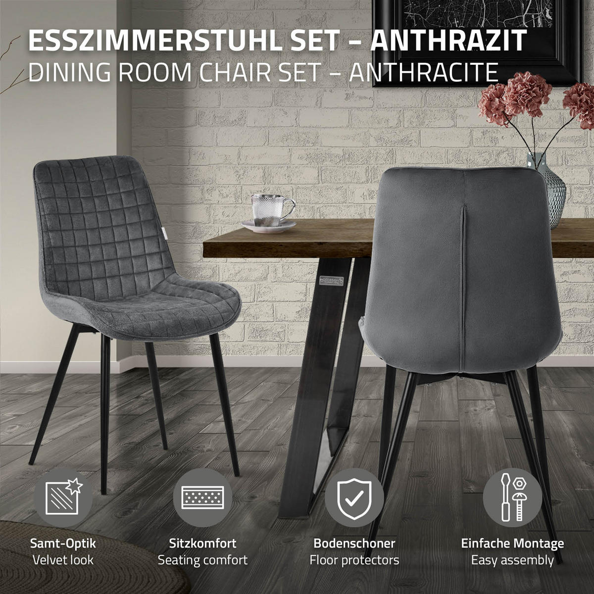 ESSZIMMERSTÜHLE 6ER-SET Anthrazit Samt - Anthrazit/Schwarz, Textil/Metall (52/89/60cm) - ML-DESIGN