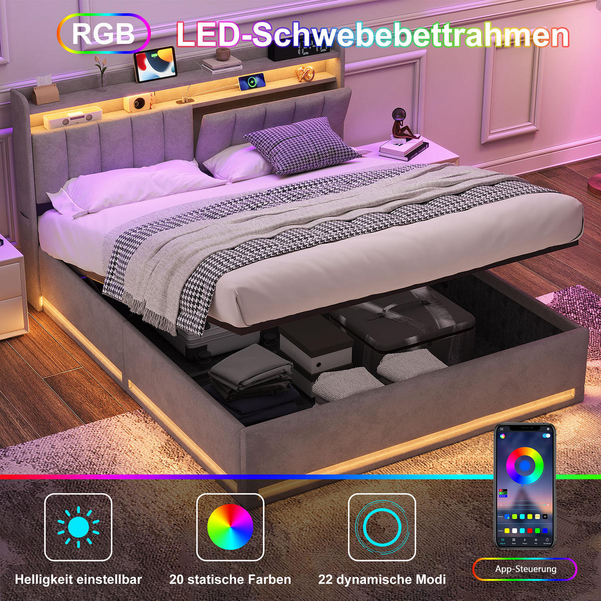 POLSTERBETT 140/190 cm Grau aus Leinen, mit Stauraum, LED-Beleuchtung und USB-Ladefunktion - Naturfarben/Grau, Holz/Metall (140/190cm) - FURNISHINGS HOME
