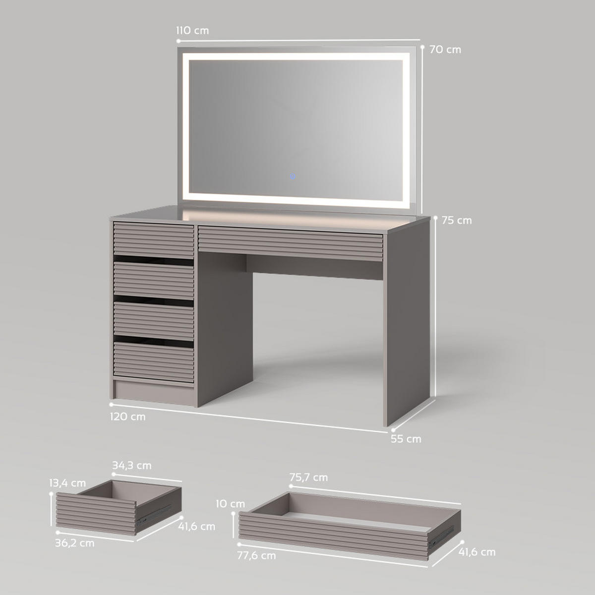 SCHMINKTISCH Imola Cashmere 120 cm mit LED Beleuchtung - Kaschmir, Holzwerkstoff (120/75/55cm) - Livinity®