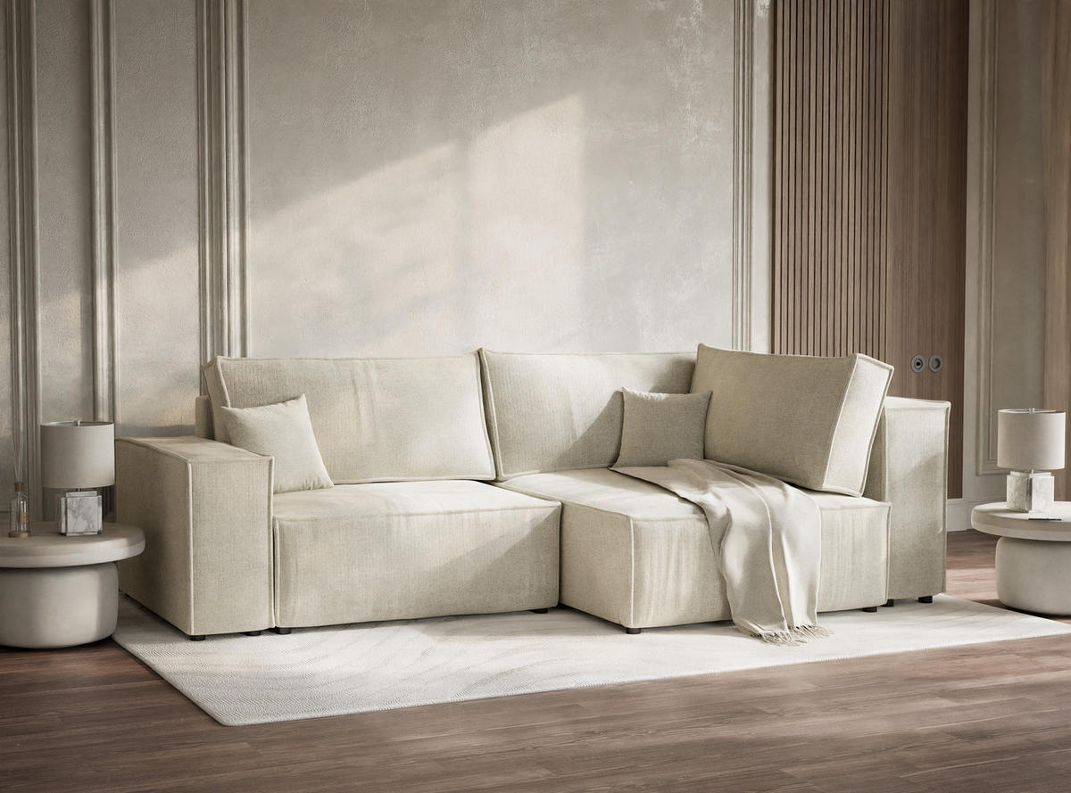 ECKSOFA MIT SCHLAFFUNKTION Tonga Creme Chenille-Stoff - Creme/Schwarz, Holz/Holzwerkstoff (255/105cm) - Maison de Reve
