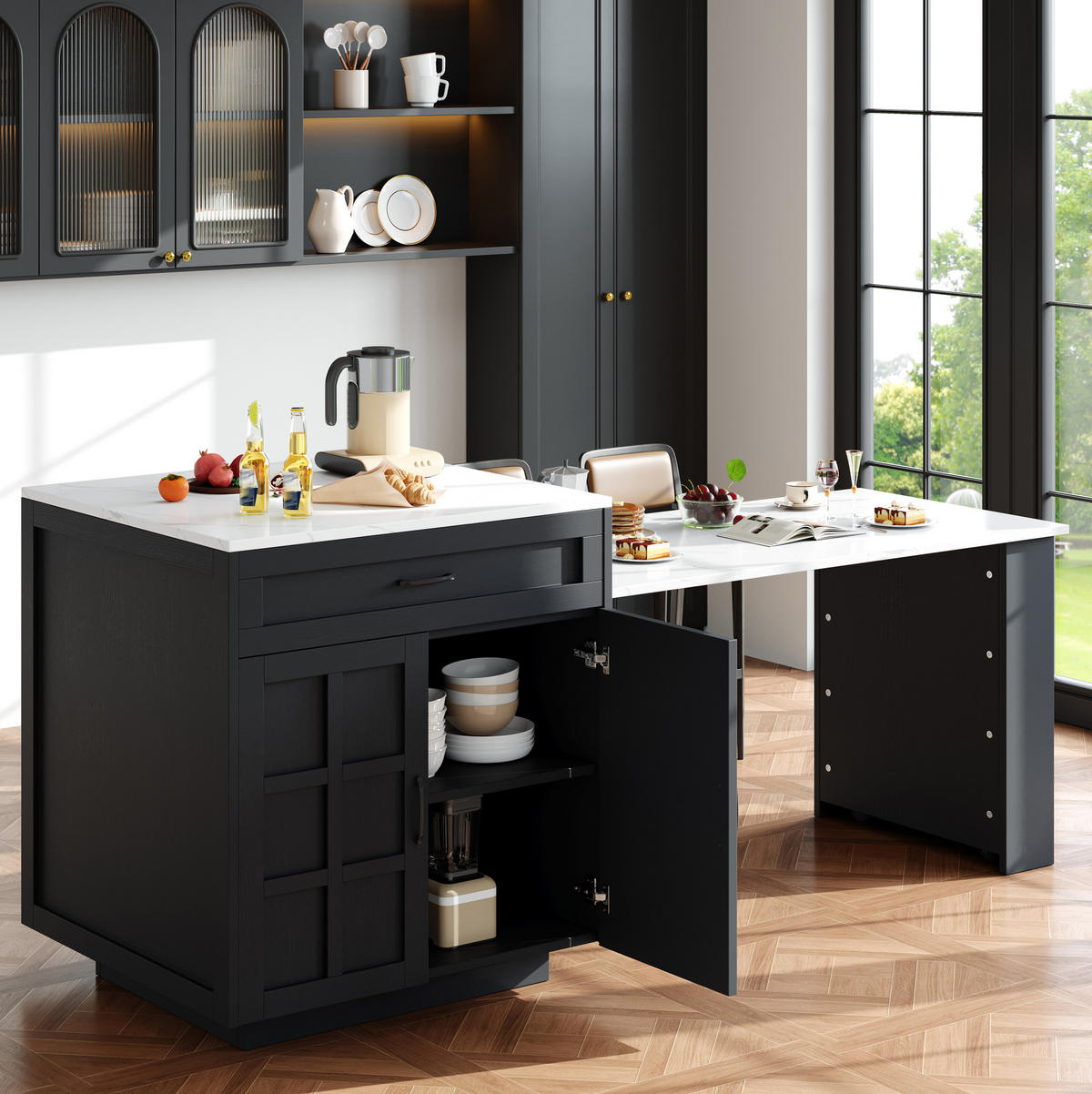 BARTISCH ausziehbar mit Stauraum 133-202 x 70 x 93,5 cm Schwarz - Schwarz, Holz (70/93.5/202cm) - Beauniv