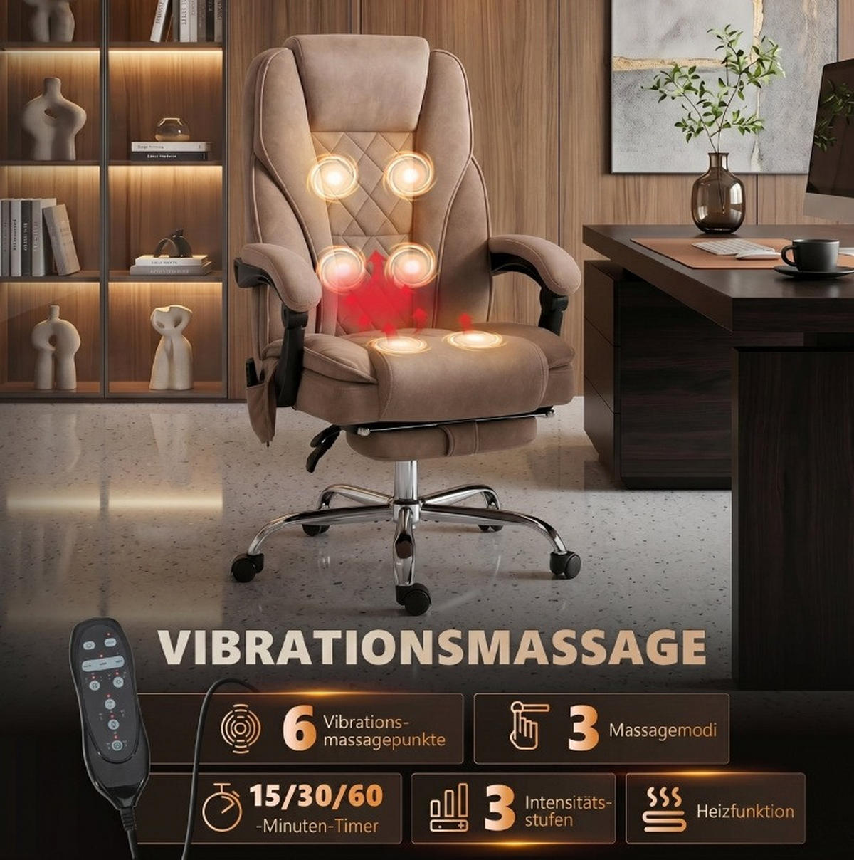 BÜROSTUHL in Braun 67x72x119 cm mit Massagefunktion, Lendenwärme und Fußstütze - Braun, Textil (72/119/67cm) - IVMEU