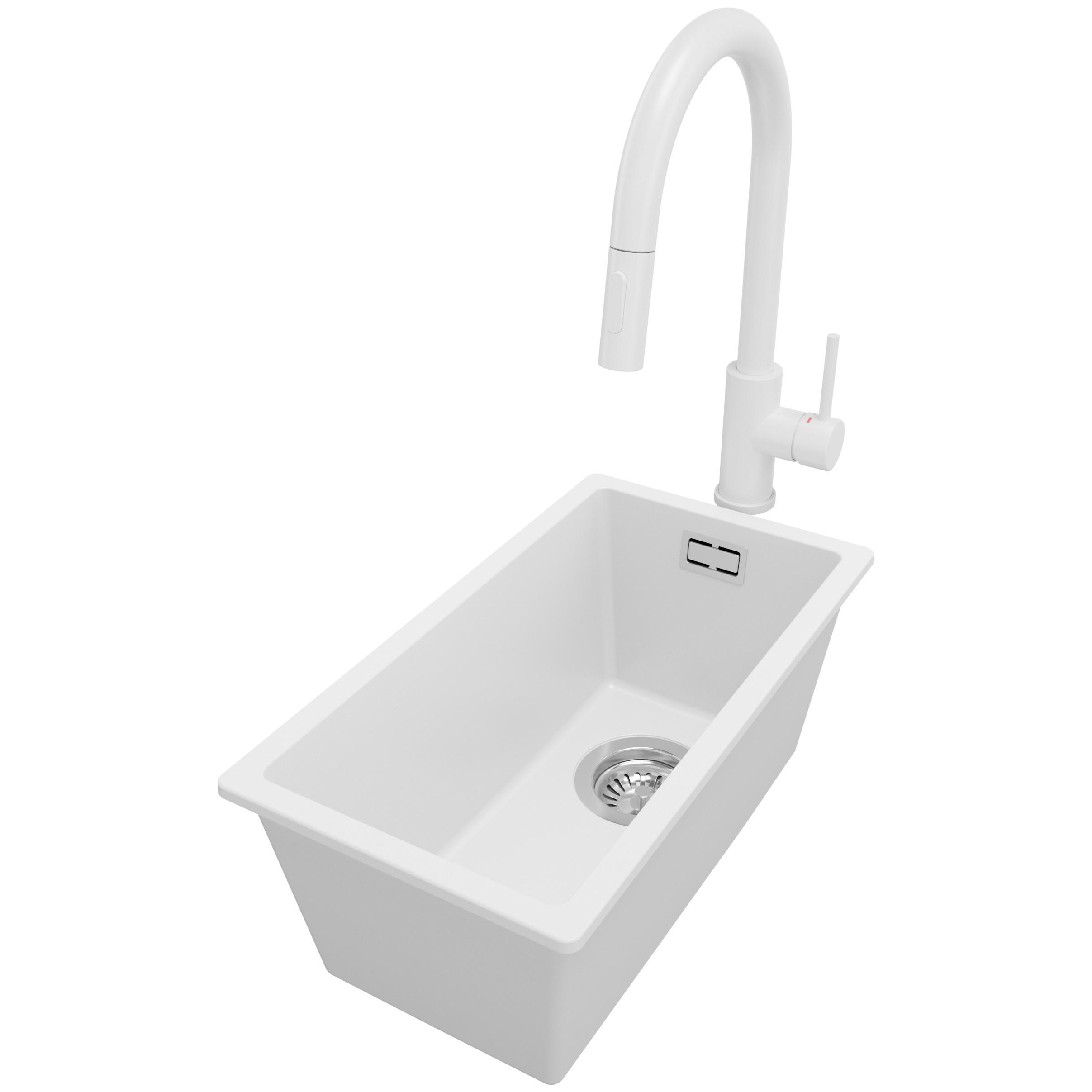 GRANITSPÜLE London Slim, 2-er set Weiß 26/47 cm 1 Becken + Küchenarmatur 40/20 cm + Ablauf-Set ab 30er Unterschrank - Chromfarben/Weiß, Kunststoff (26/20/47cm) - Primagran