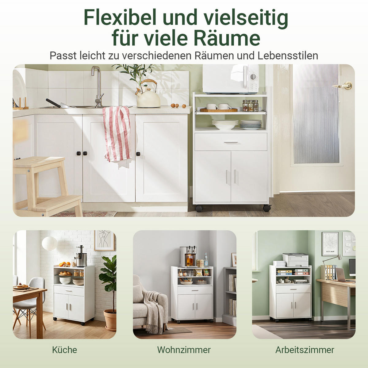 KÜCHENWAGEN mit Arbeitsplatte, Weiß, Mikrowellenschrank mit 4-in-1-Ladestation, 61,5 x 92 x 40 cm, Rollen (2 feststellbar) oder Standfüße, PB/MDF - Weiß, Holzwerkstoff (59/92/40cm) - SoBuy