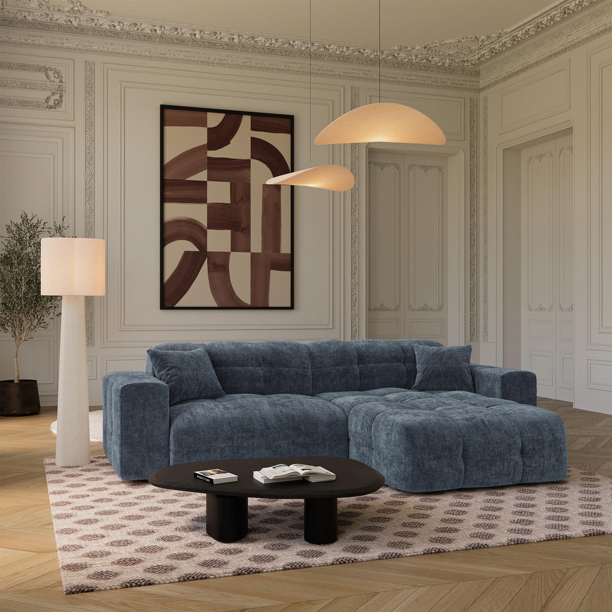 ECKSOFA rechtwinklig COCOON Geprägter Samt Mineralblau 230cm - Blau/Dunkelblau, Textil (230/155cm) - Premium Interiors