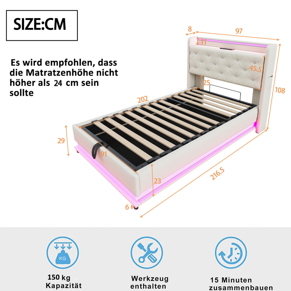 KINDEREINZELBETTEN aus Leinenstoff 90x200 cm in Beige mit LED & USB-Anschlüssen - Beige, Textil (90/200cm) - Modfu