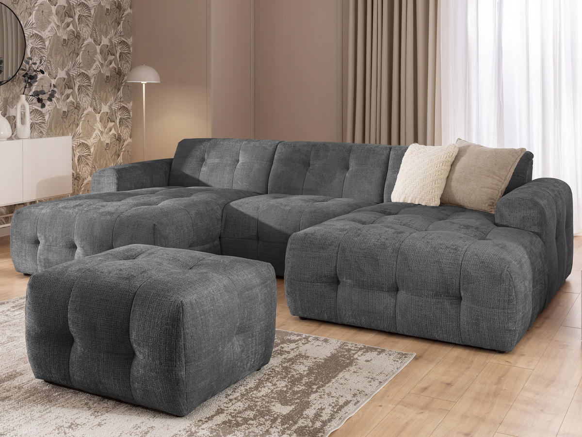 WOHNLANDSCHAFT inkl. Hocker Kozy im Bumpy-Design mit Schlaffunktion und fester Rückenlehne aus weichem Grau Chenille-Stoff - Schwarz/Grau, Holz/Kunststoff (323/79/161cm) - S-Style Möbel