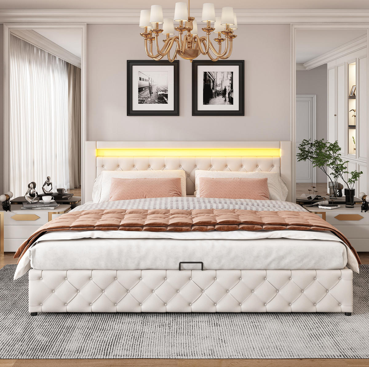 POLSTERBETT mit Bettkasten und LED 180x200 cm PU Weiß - Weiß, Metall (180/200cm) - Beauniv