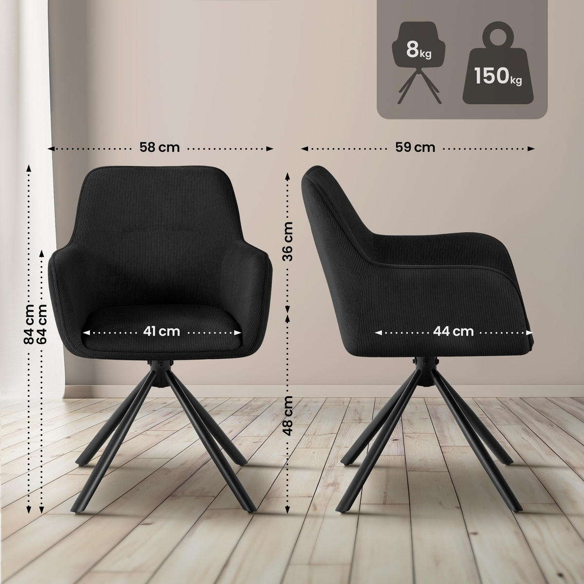 ARMLEHNENSTUHL Cord Schwarz - Schwarz, Textil/Metall (58/84/59cm) - CLP