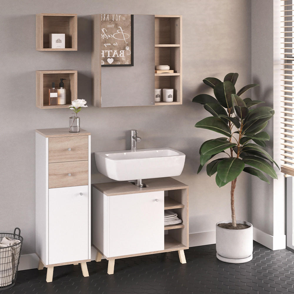 BADMÖBEL-SET Senyo Weiß 4 Teile - Weiß/Sonoma Eiche, Holzwerkstoff (62/54/32cm) - Vicco