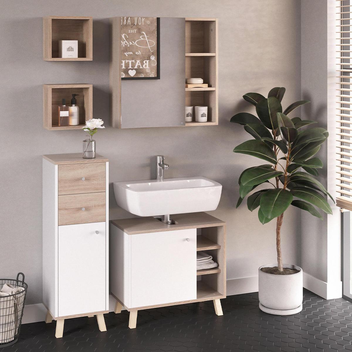 BADMÖBEL-SET Senyo Weiß 4 Teile - Weiß/Sonoma Eiche, Holzwerkstoff (62/54/32cm) - Vicco