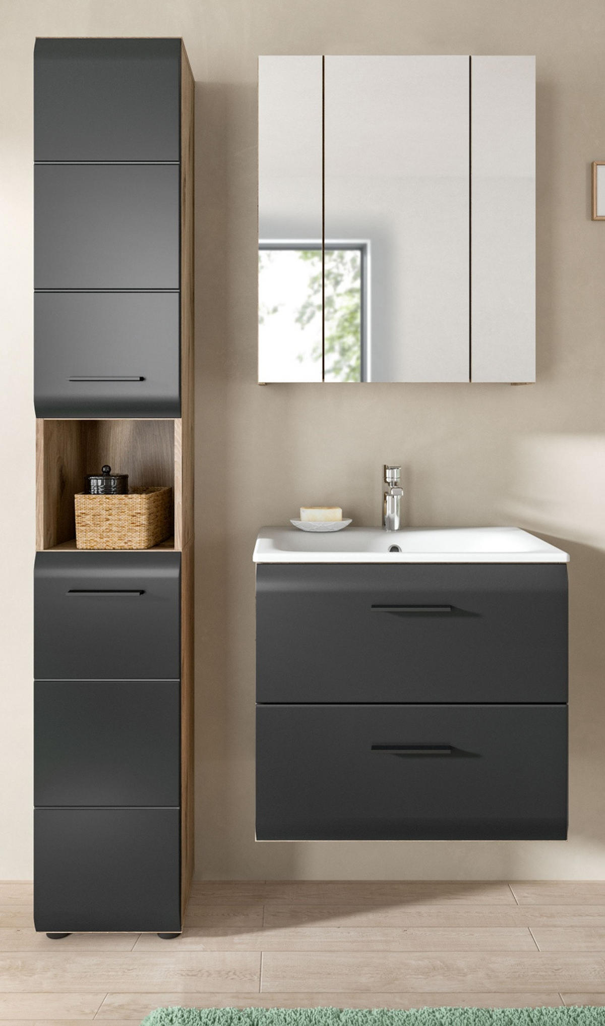 BADMÖBEL-SET 3-teilig Schwarz matt, Eiche Nox, Badezimmer Komplett-Set mit Waschbecken, 105 x 185 cm - Eichefarben/Schwarz, Glas/Keramik (105/185/46cm) - Inn.Furn