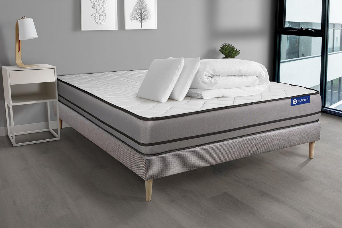 BETT Actimemo night Memory-Schaum 200 x 200 cm h4 - Kit Bettgestell Grau - Mit Kissen und Bettdecke - Beige/Grau, Holz/Textil (200/200cm) - ACTISOM