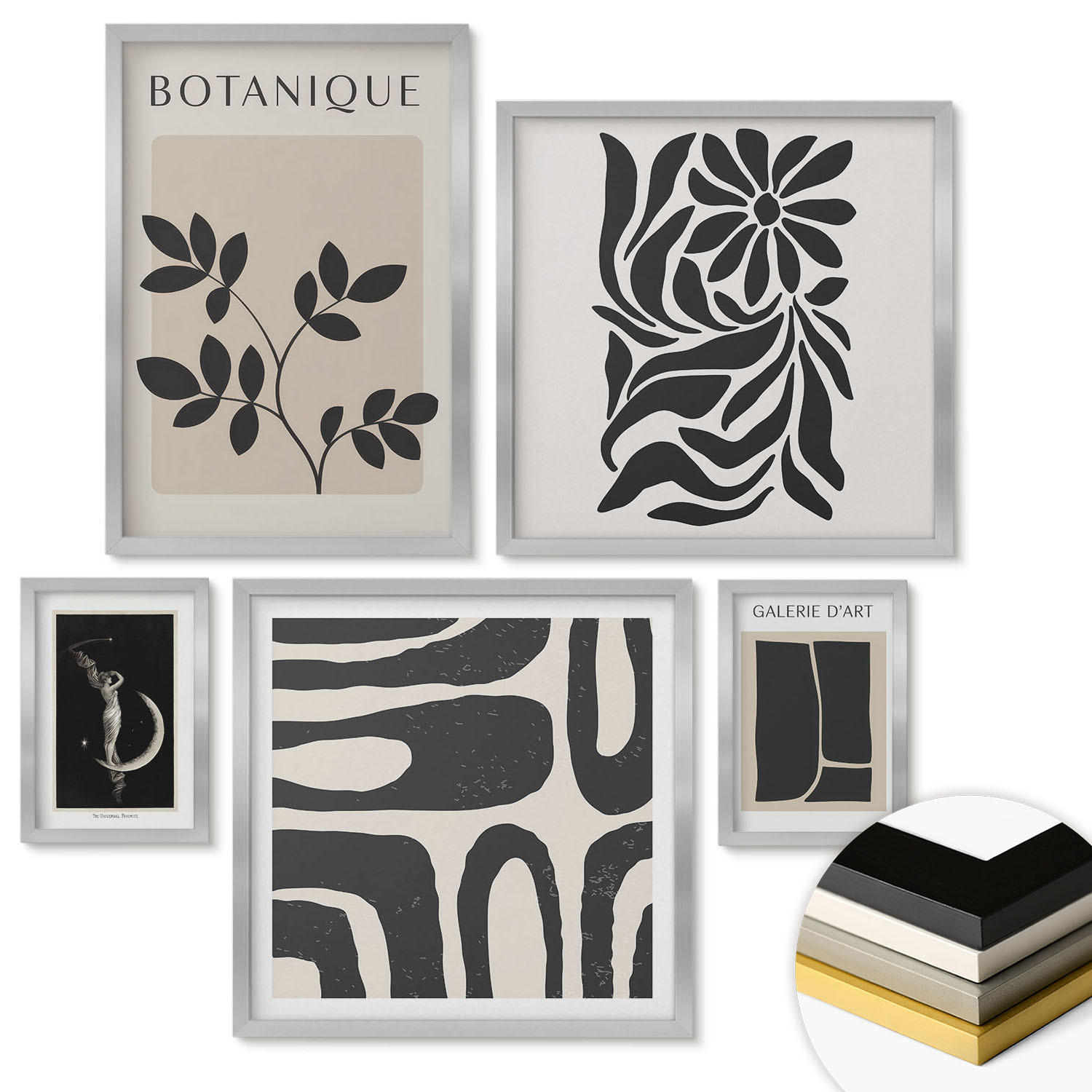 WANDBILDER 5er Set - 50x50 cm & 20x30 cm & 40x60 cm Silberner Rahmen - Abstrakte Pflanzenmuster - Silberfarben, Kunststoff (40/60cm) - ArtPrintCave