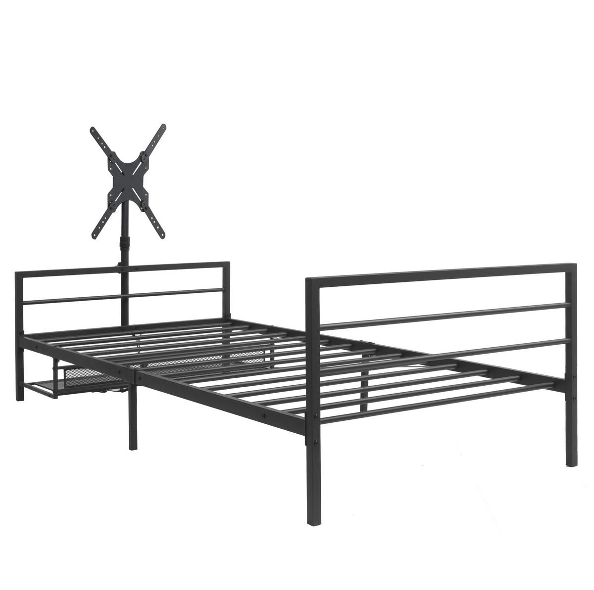 METALLBETT aus Eisen 90x200 cm Schwarz mit LED-Beleuchtung, verstellbarer Monitorhalterung und Aufbewahrungskorb - Schwarz, Metall (90/200cm) - Modfu