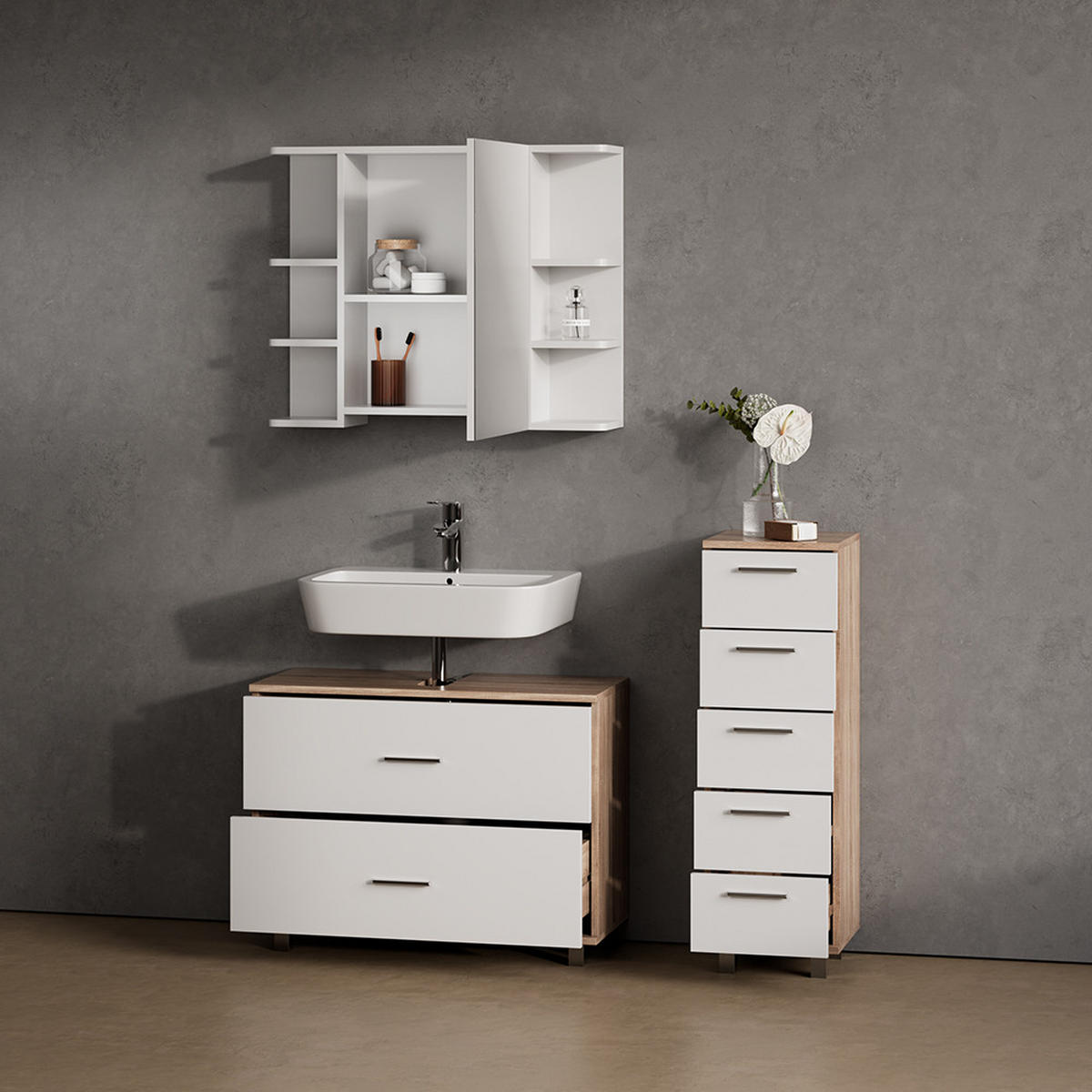 BADMÖBEL-SET Eisak Weiß/Sonoma 3 Teile, mit Unterschrank 80 cm - Weiß/Sonoma Eiche, Holzwerkstoff (80/60/33cm) - Livinity®