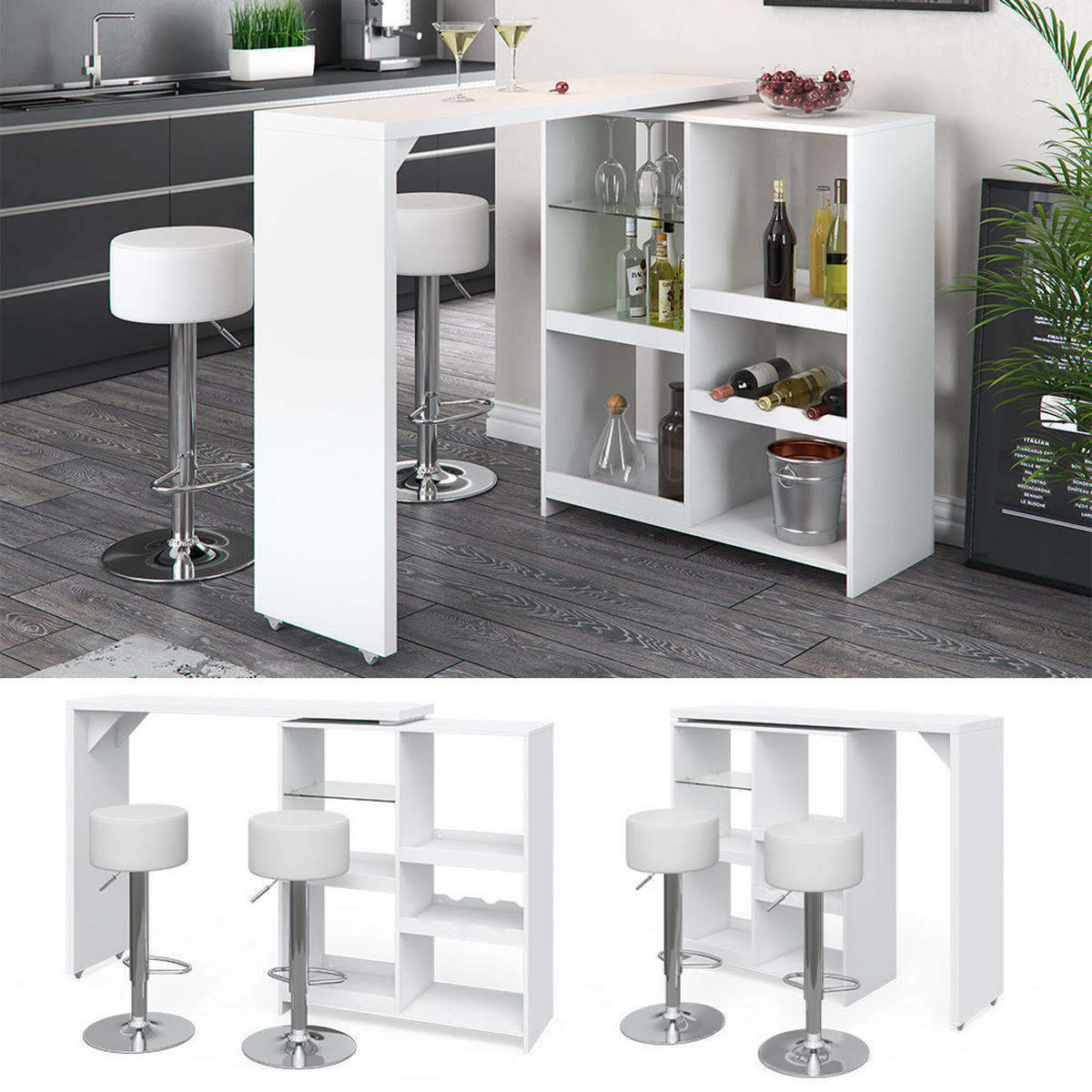 BARTISCH-SET Vega Weiß 138 x 39 cm mit 2 Barhockern - Weiß, Holzwerkstoff (138/110.4/39cm) - Vicco