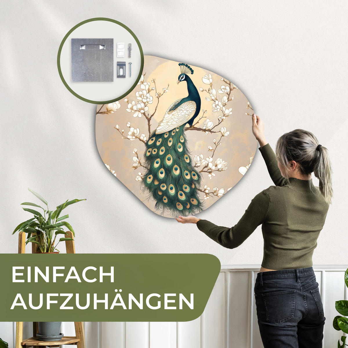 WANDBILD Pfau - Zweig - Blumen 90x90 cm - Champagner, Kunststoff (90/90cm) - MuchoWow