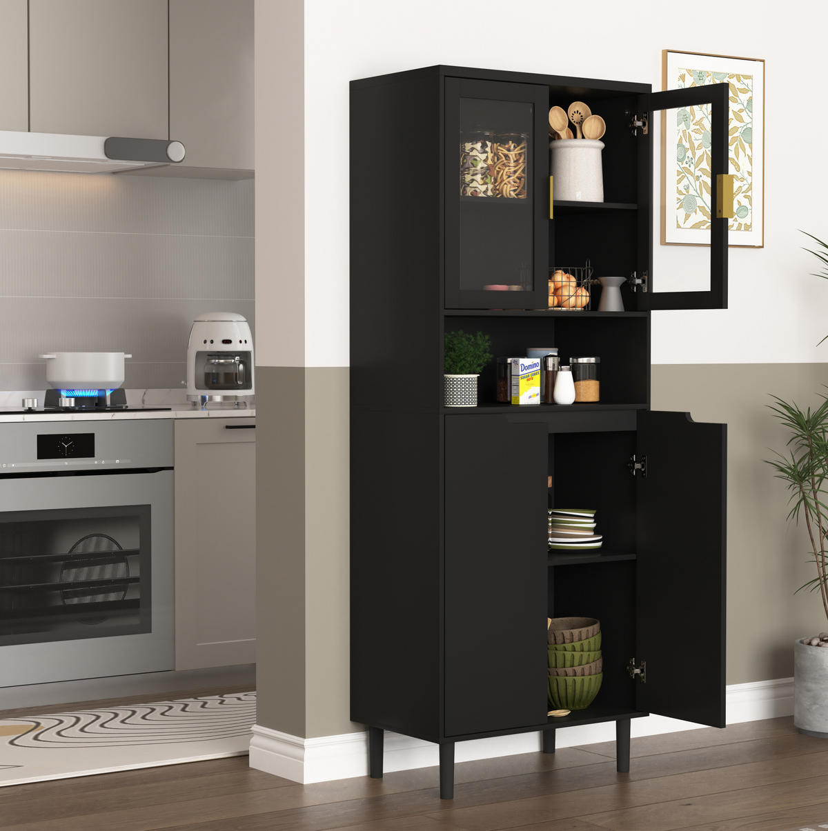 VITRINE aus MDF 60x35x160 cm Schwarz mit gehärteten Glastüren, verstellbarem Einlegeboden und Kippschutz - Schwarz, Holzwerkstoff (60/160/35cm) - Modfu