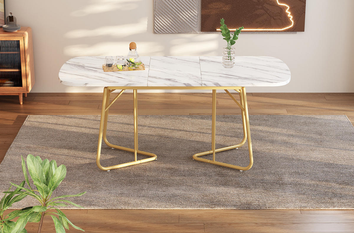 ESSTISCH 140-180x80 cm in Weiß aus MDF mit Marmoroptik und vergoldeten Metallbeinen, erweiterbar - Weiß, Holzwerkstoff (80/180/75cm) - Modfu