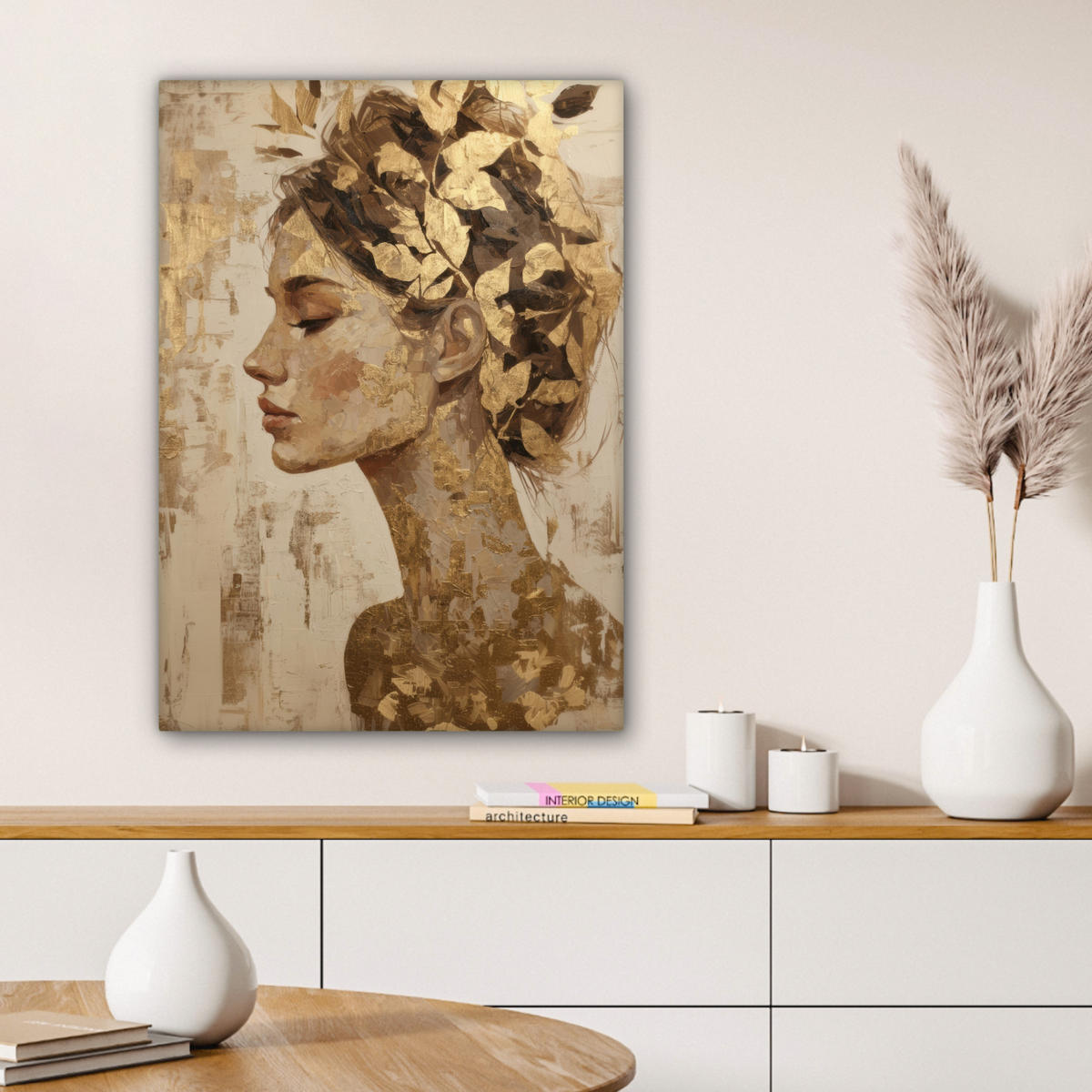 LEINWANDBILD Frau - Gold - Abstrakt - Textur Wandbild Wohnzimmer 60x80 cm - Goldfarben, Textil (60/80cm) - MuchoWow