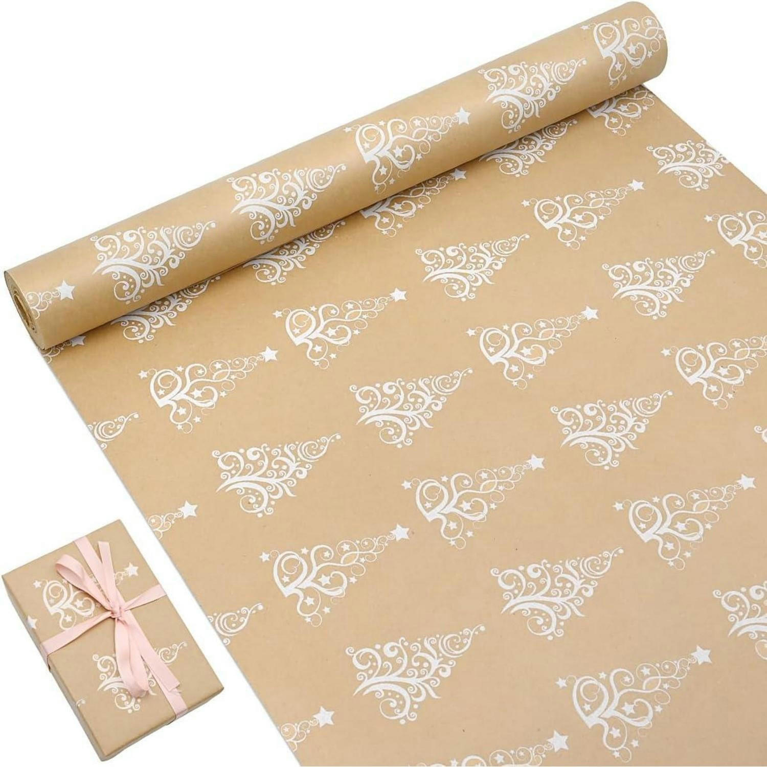 GESCHENKPAPIER Rolle 15 m Kraftpapier bedruckt Baum und Stern - Beige, Papier (43/0.1/1500cm)