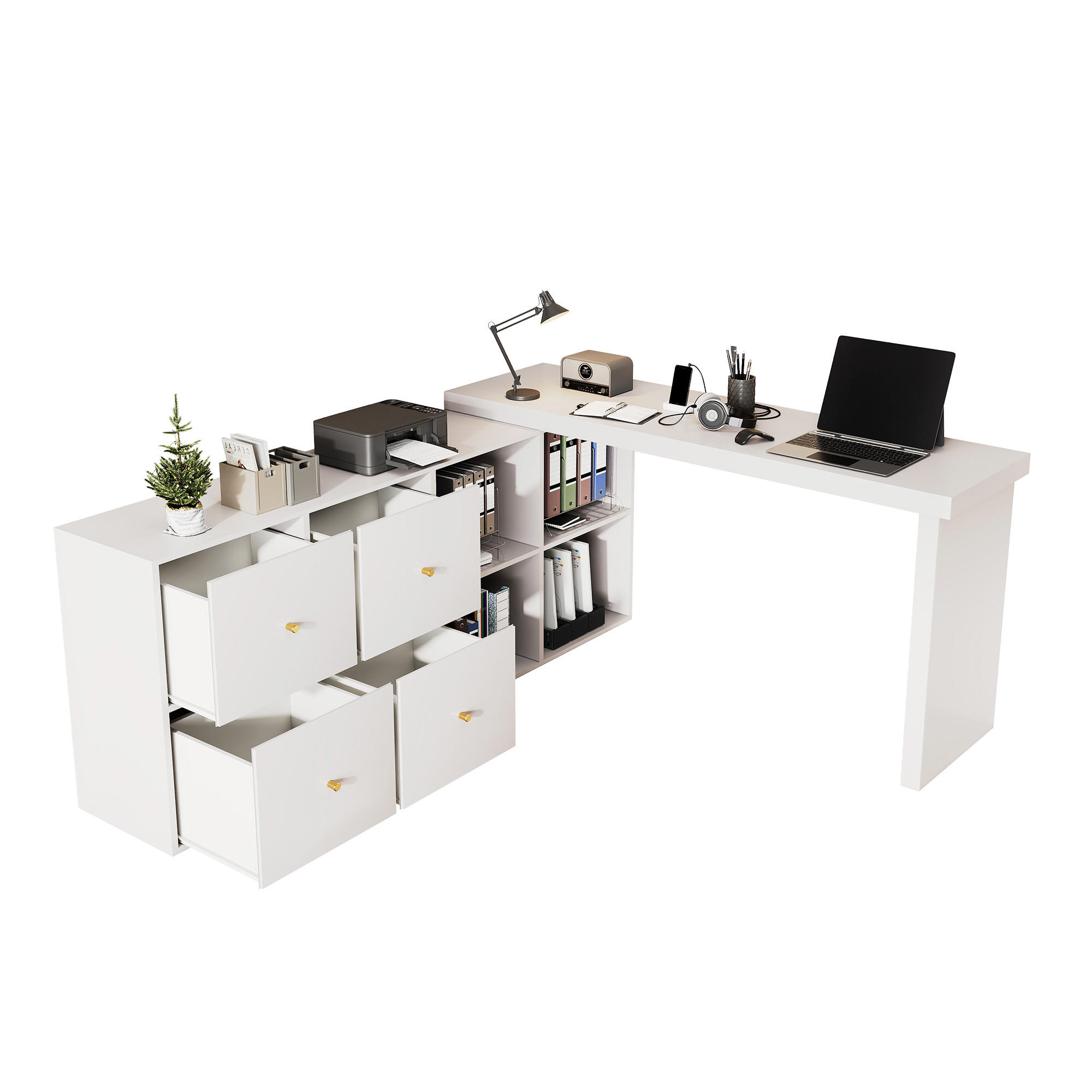 ECKSCHREIBTISCH 360° drehbar L-Form 4 Schubladen 4 Fächer Weiß links - Weiß, Holzwerkstoff (120/48/78cm) - FLIEKS