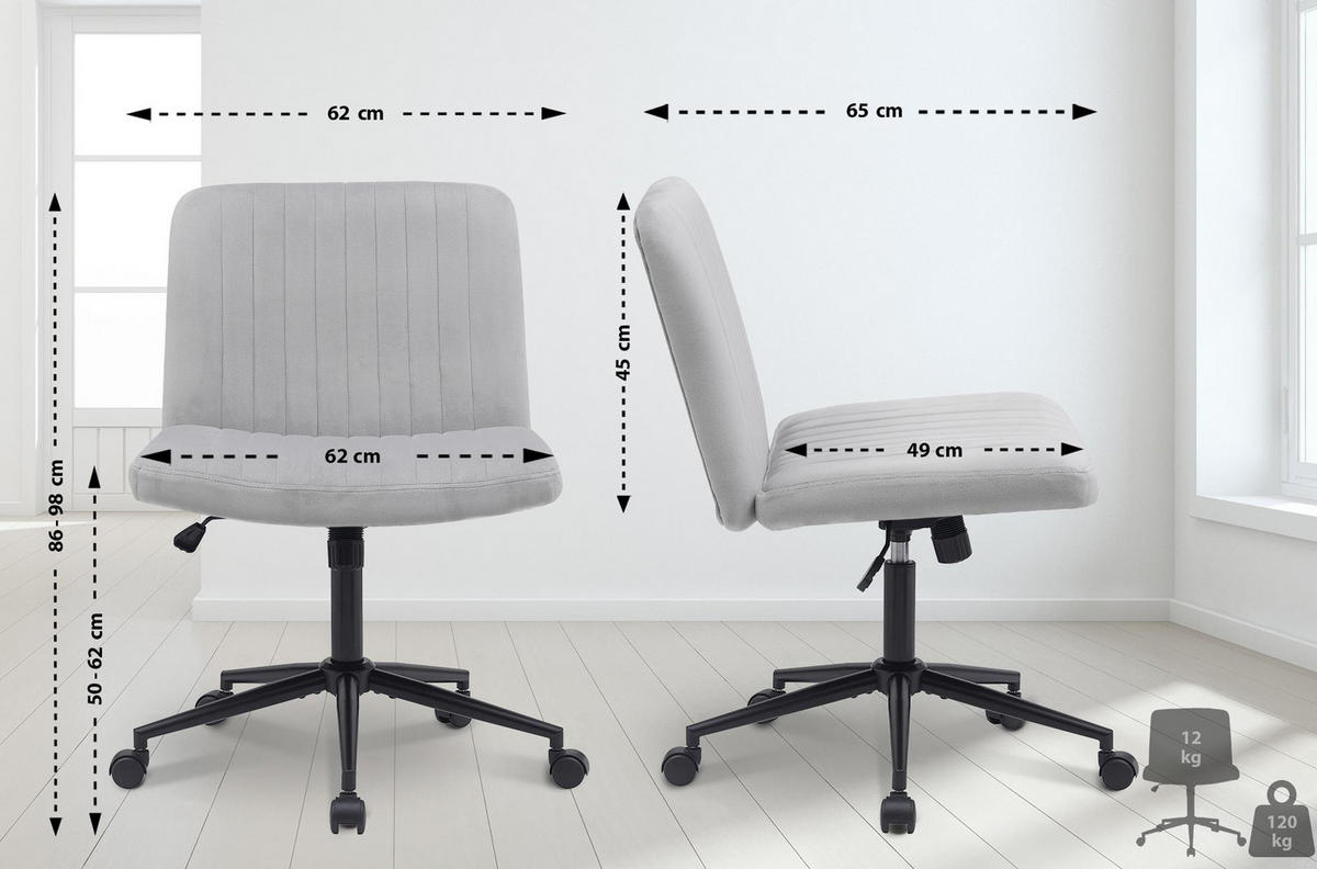BÜROSTUHL Lynox Samt hellgrau - Hellgrau/Schwarz, Metall (62/98/65cm) - TPFLiving