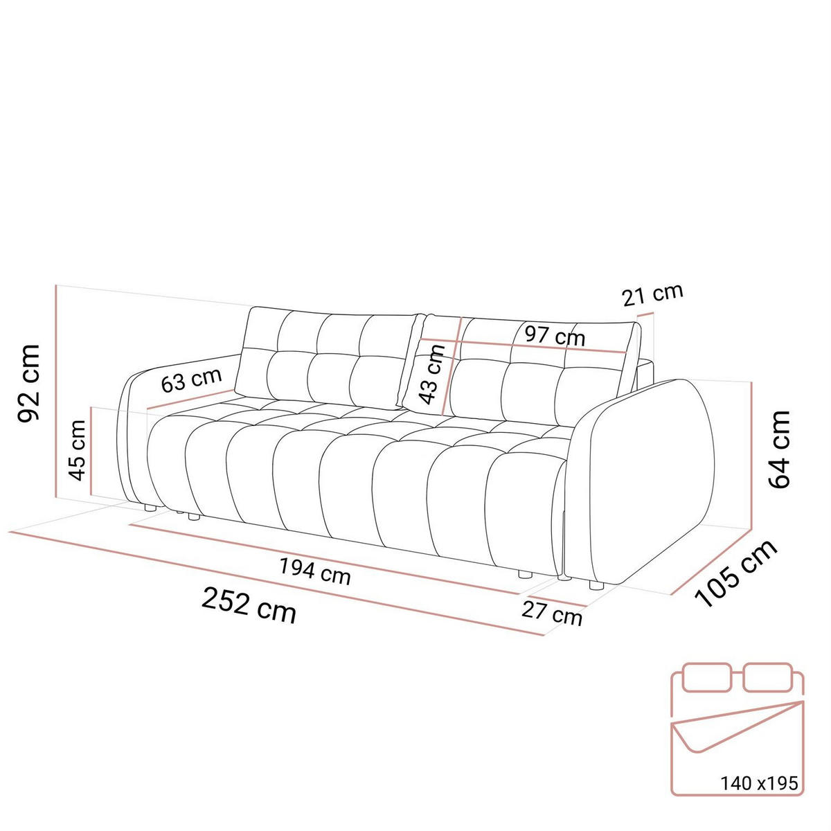 SOFA OMEGA Zweisitzer mit Schlaffunktion, Rosa 02 - Ecru, Textil (252/92/105cm) - Lookway