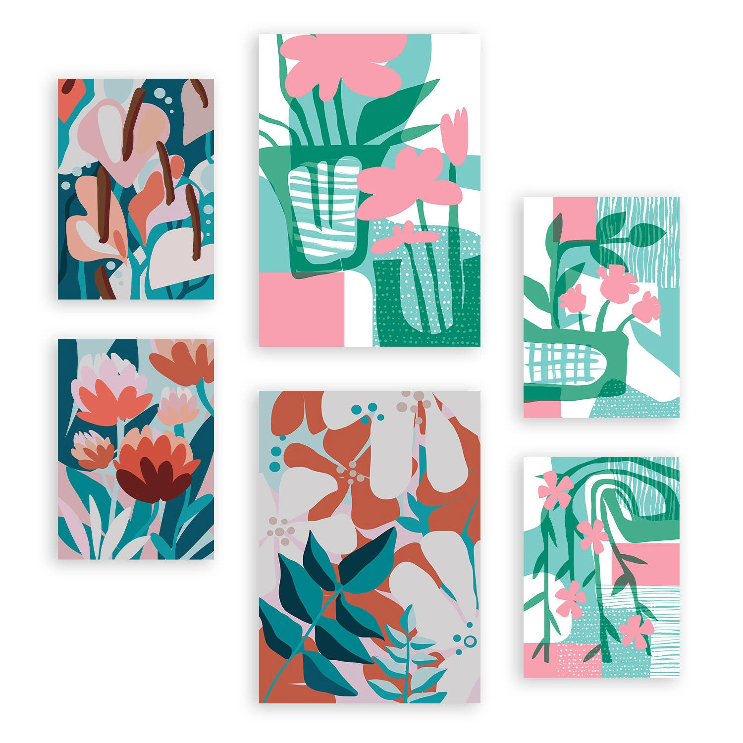 POSTER Set Mit 6 Pinkes Grün In Blume Zusammenfassung Ästhetische Dekorative Gemälde Für Ihr Wohnzimmer, Schlafzimmer, Zuhause A3 & A4 Rahmenlos - Klar, Papier (29/3cm) - Nacnic