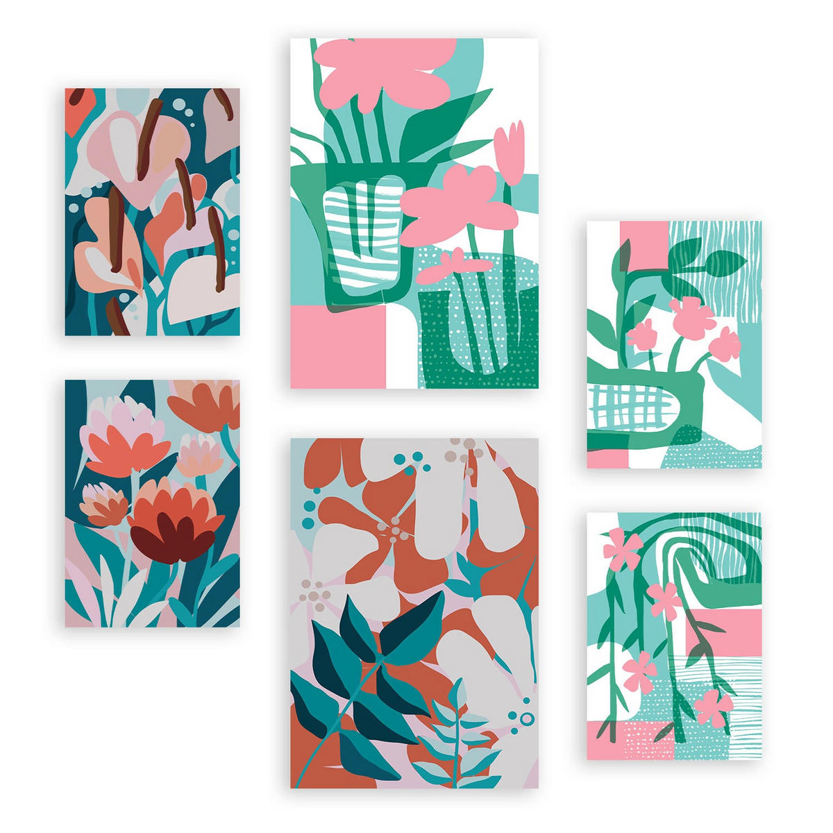 POSTER Set Mit 6 Pinkes Grün In Blume Zusammenfassung Ästhetische Dekorative Gemälde Für Ihr Wohnzimmer, Schlafzimmer, Zuhause A3 & A4 Rahmenlos - Klar, Papier (29/3cm) - Nacnic