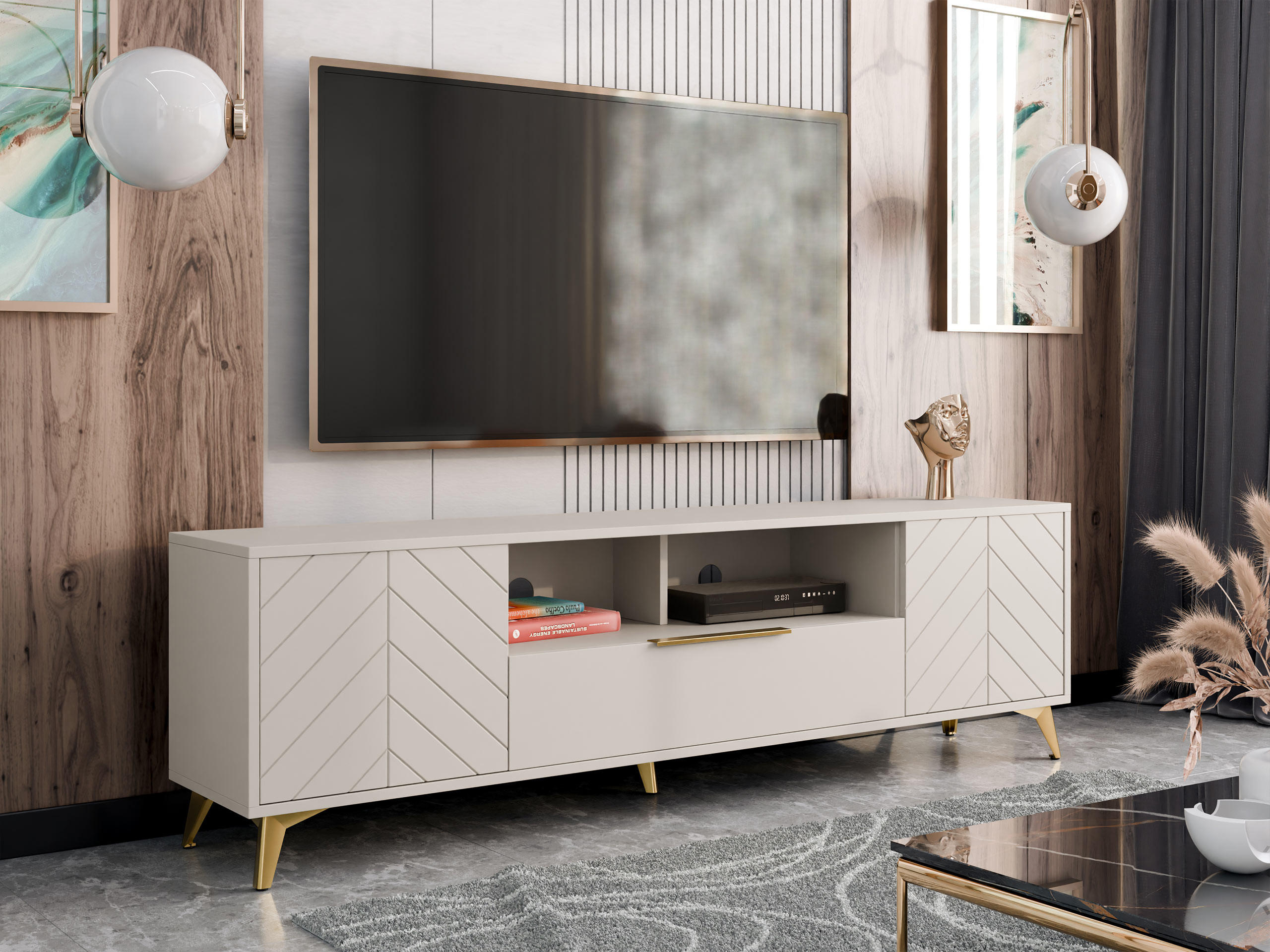 TV-ELEMENT Xylix 2D1SZ - Beige/Goldfarben, Holzwerkstoff/Metall (204/60/40cm) - MIRJAN24