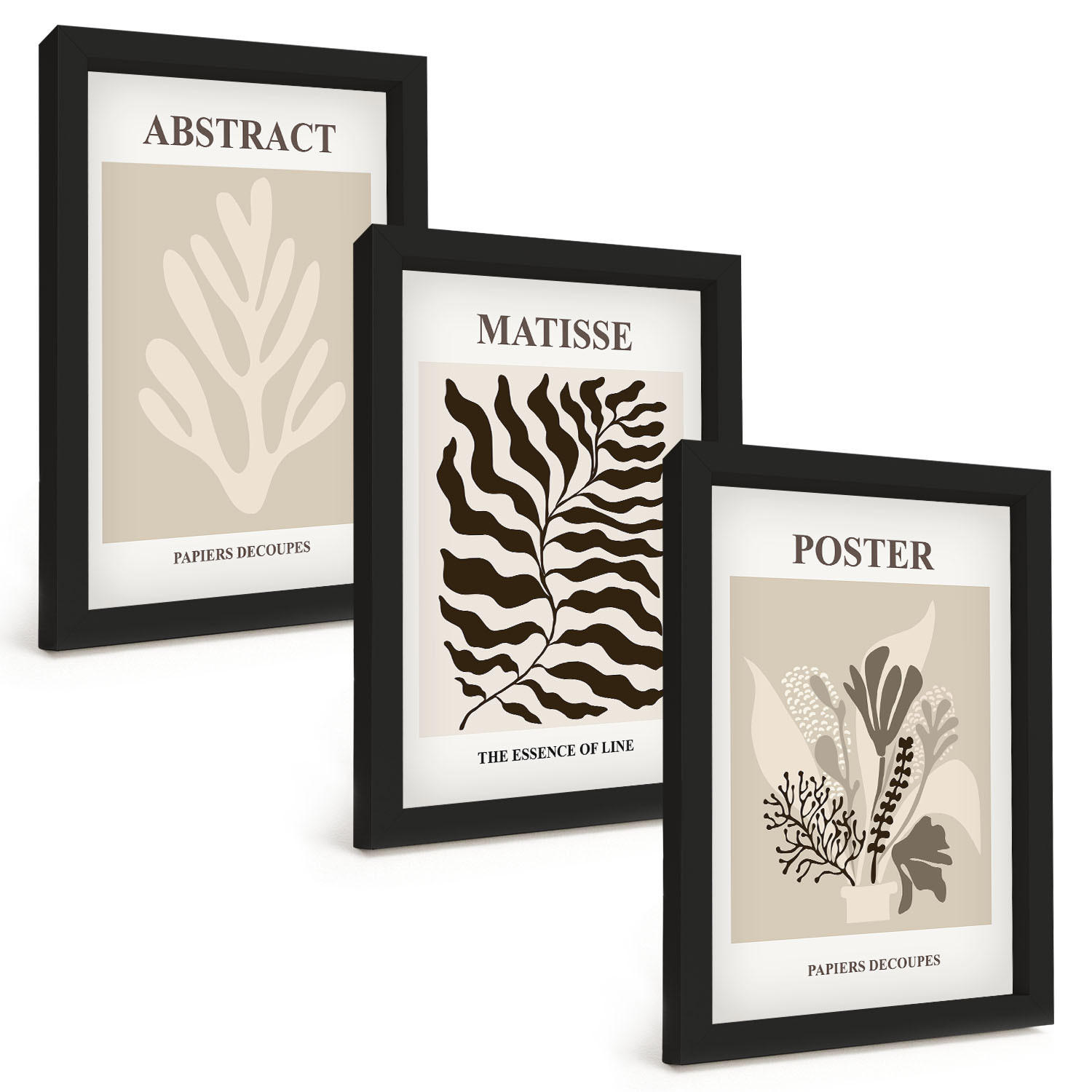 BILDER SET 3er Set - 20x30 cm Schwarzer Rahmen - Beige-braune Pflanzenmuster - Schwarz, Kunststoff (20/30cm) - TULUP