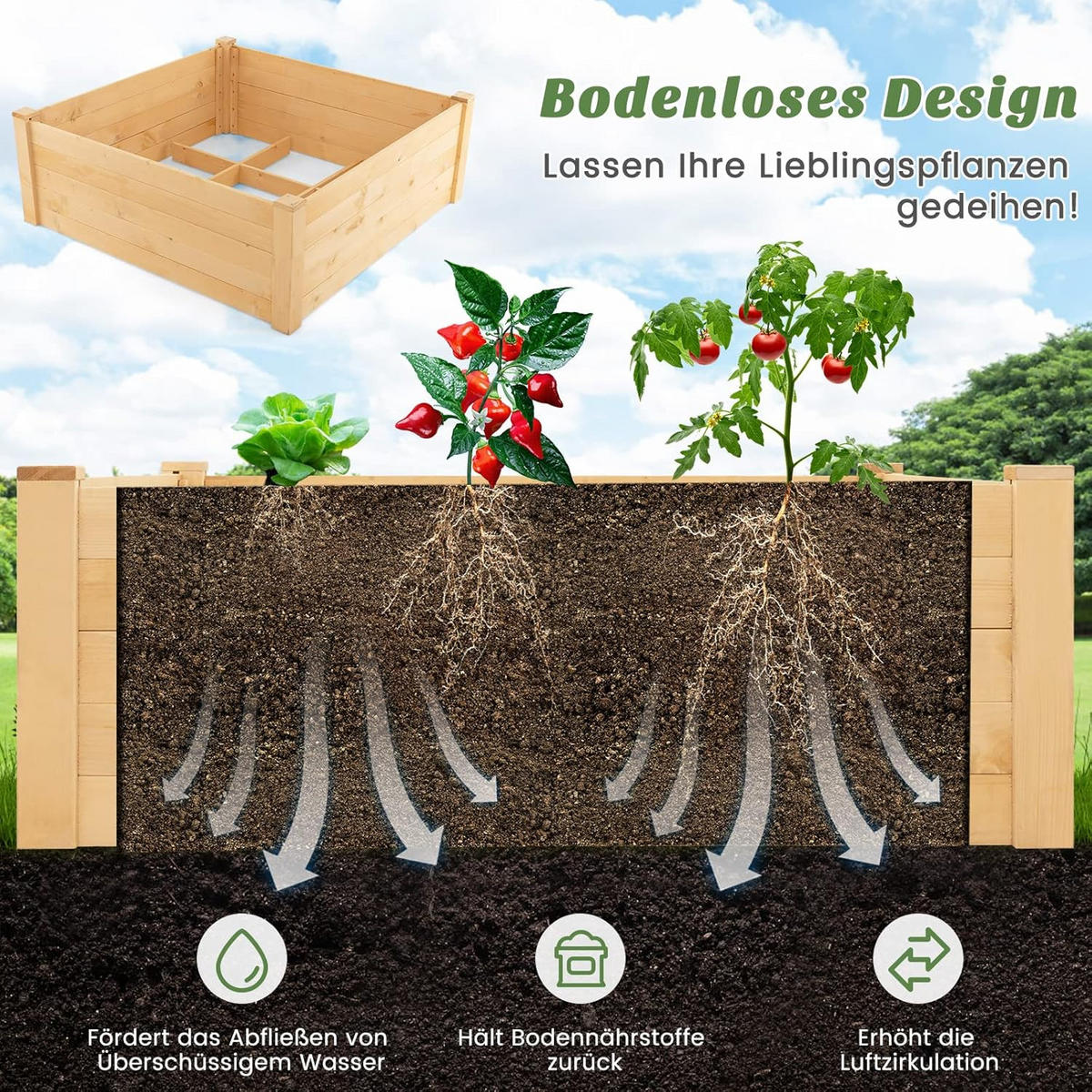 HOCHBEET mit Zaun Holz - Apfelbaumfarben, Holz (107/70/107cm) - COSTWAY