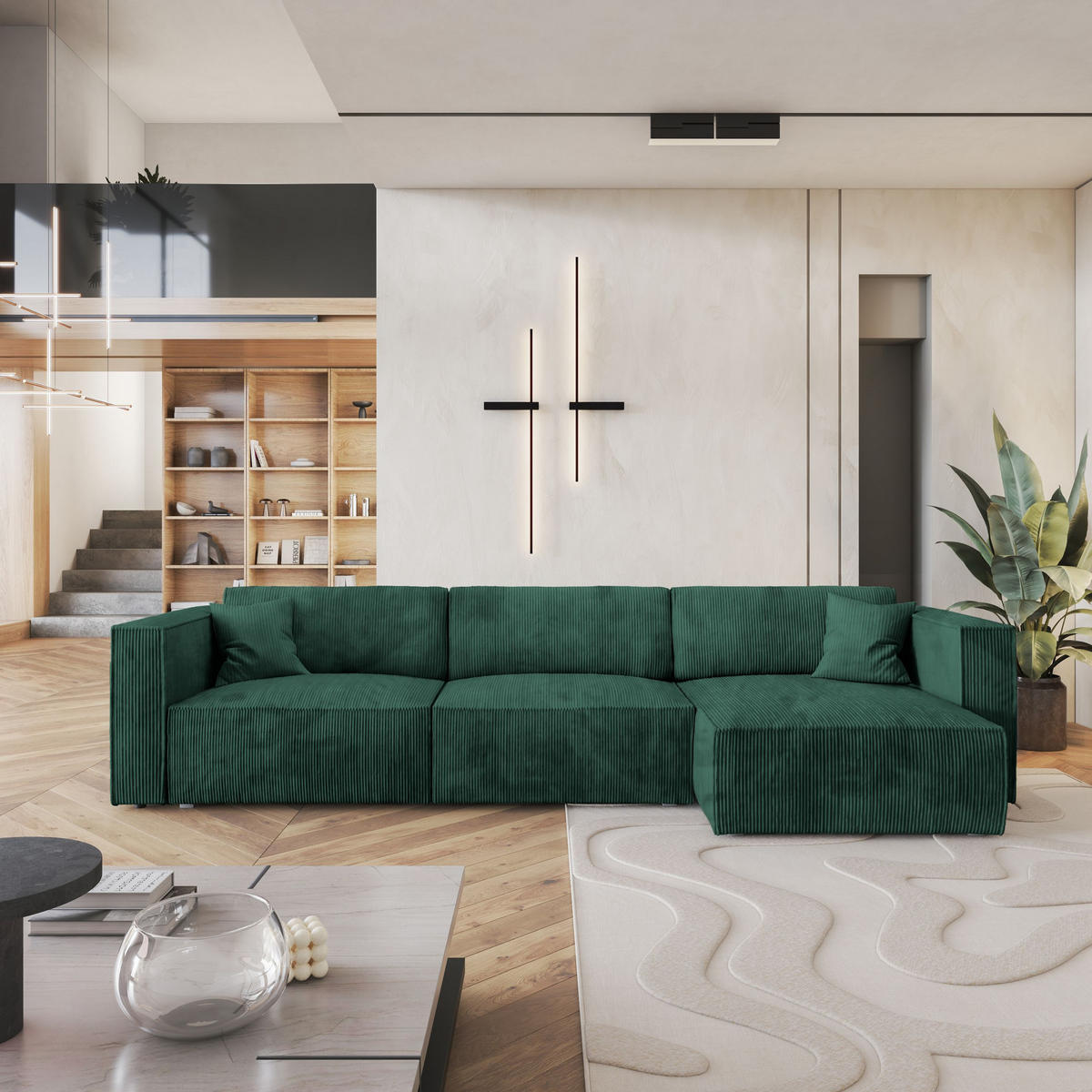 ECKSOFA TOLMO P Grün Kordstoff mit Schlaffunktion - Grau/Grün, Holz/Kunststoff (347/148cm) - MASSENO