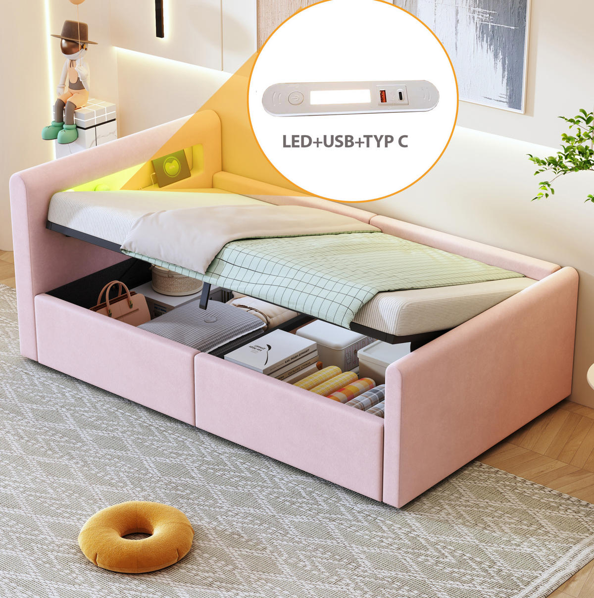 POLSTERBETT 90/200 cm Rosa mit Stauraum und LED-Beleuchtung - Rosa, Textil (90/200cm) - Flora Grace