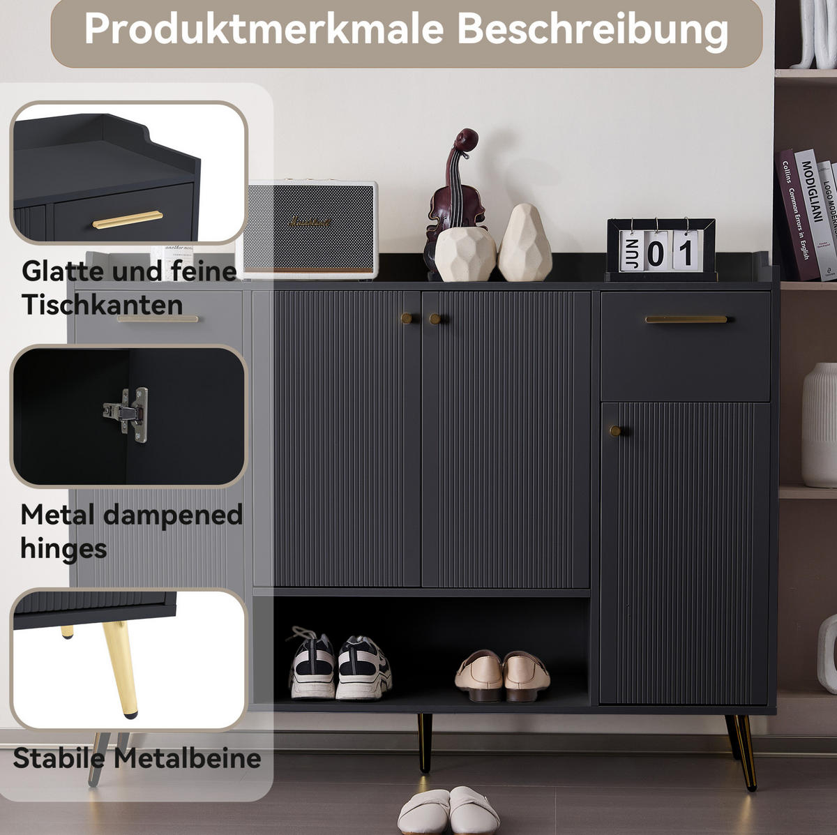 SCHUHSCHRANK aus Spanplatte 130x37x100cm in Schwarz mit 2 Schubladen - Schwarz, Holzwerkstoff (130/100/37cm) - Modfu