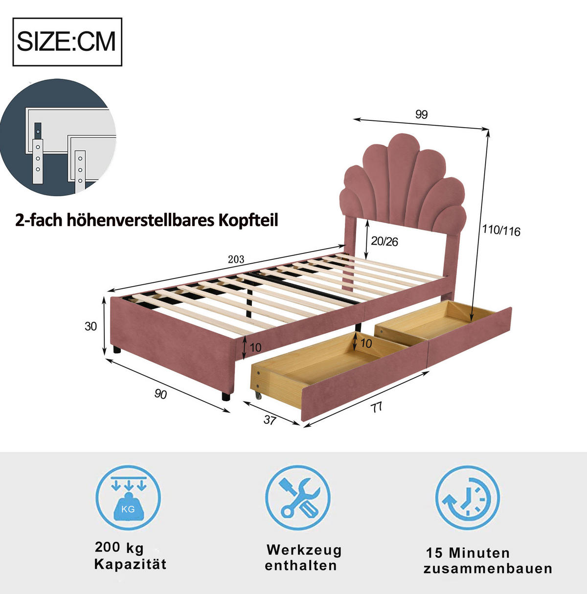 ČALÚNENÁ posteľ 90/200 cm ružová so zásuvkami a lamelovým roštom zo zamatu - tmavoružová, textil (90/200cm) - OKWISH