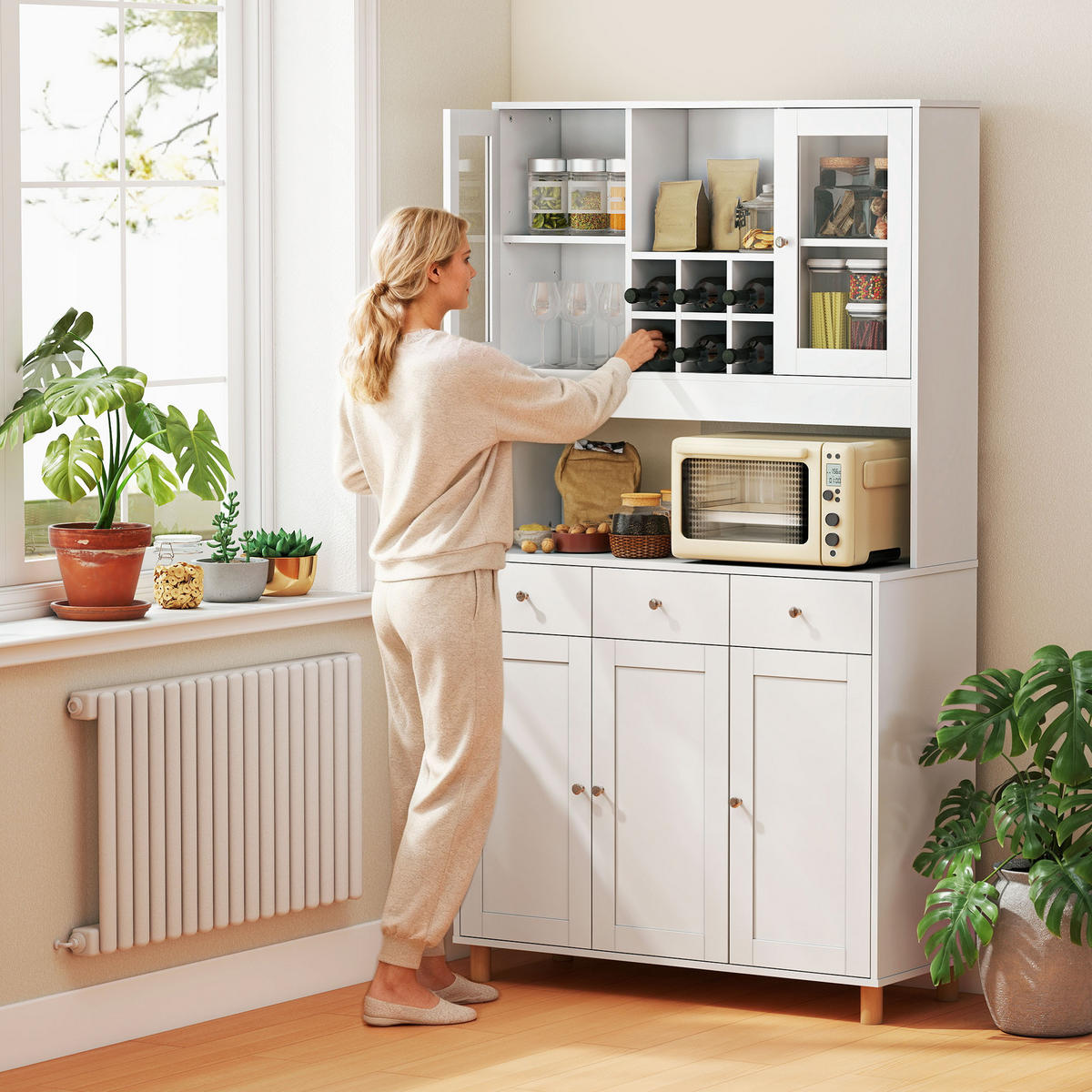 KÜCHENSCHRANK, Buffetschrank mit verstellbaren Regalen, 4 Türen, Schublade - Silberfarben/Weiß, Holzwerkstoff/Metall (40/180/100cm) - HOMCOM