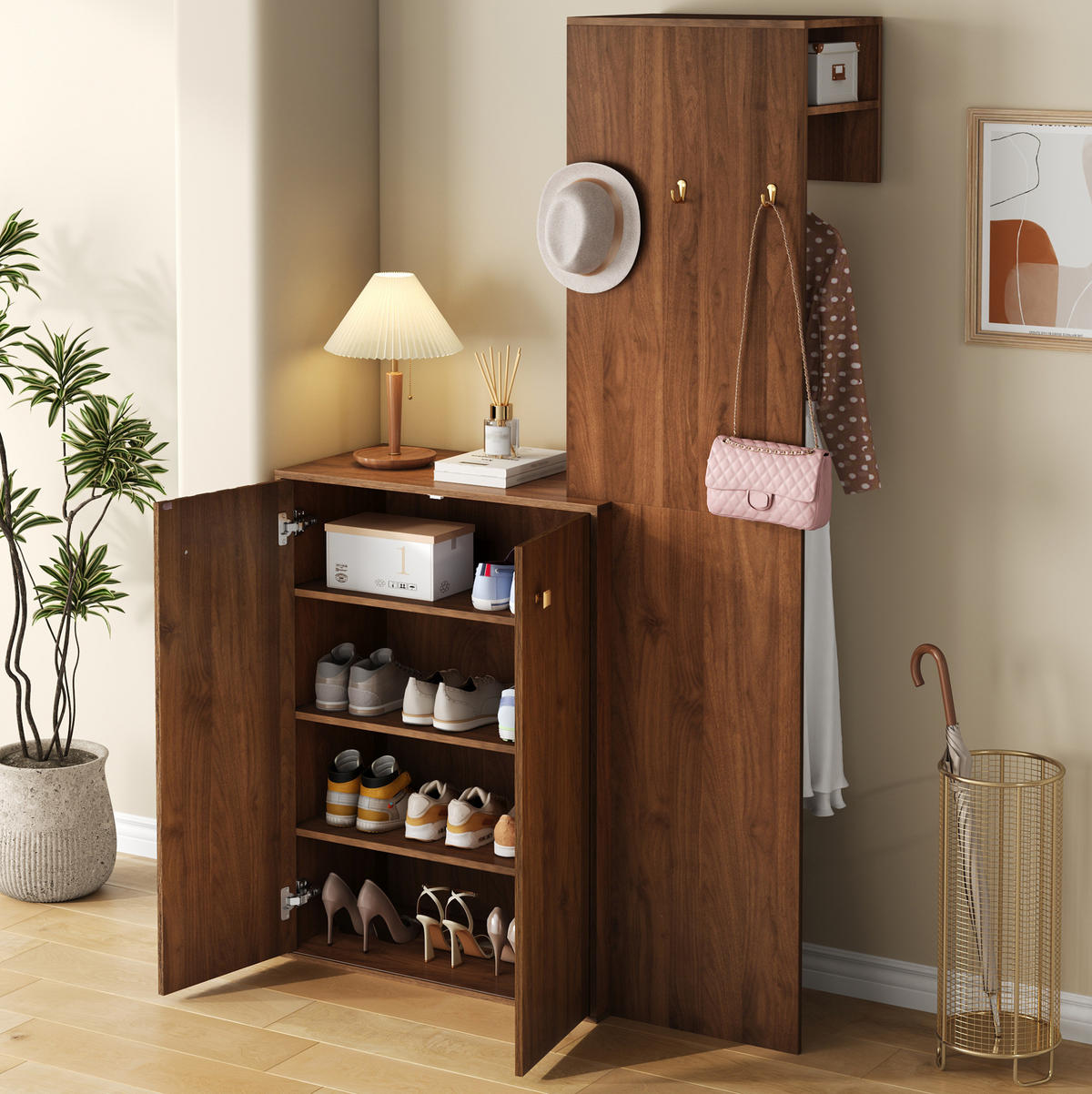 SCHUHSCHRANK aus MDF 115x38,5x191,5cm in Nussbaum mit Garderobe - Nussbaumfarben, Holzwerkstoff (115/191.5/38.5cm) - Modfu