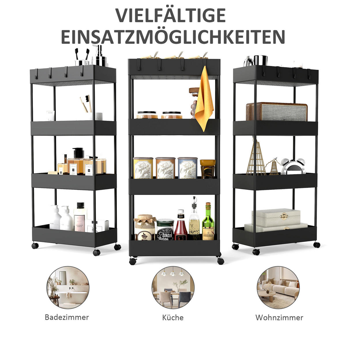 ROLLWAGEN mit 4 Ebenen, Kunststoff, Schwarz, 40 x 19 x 90 cm - Schwarz, Metall (40/90/19cm) - HOMCOM