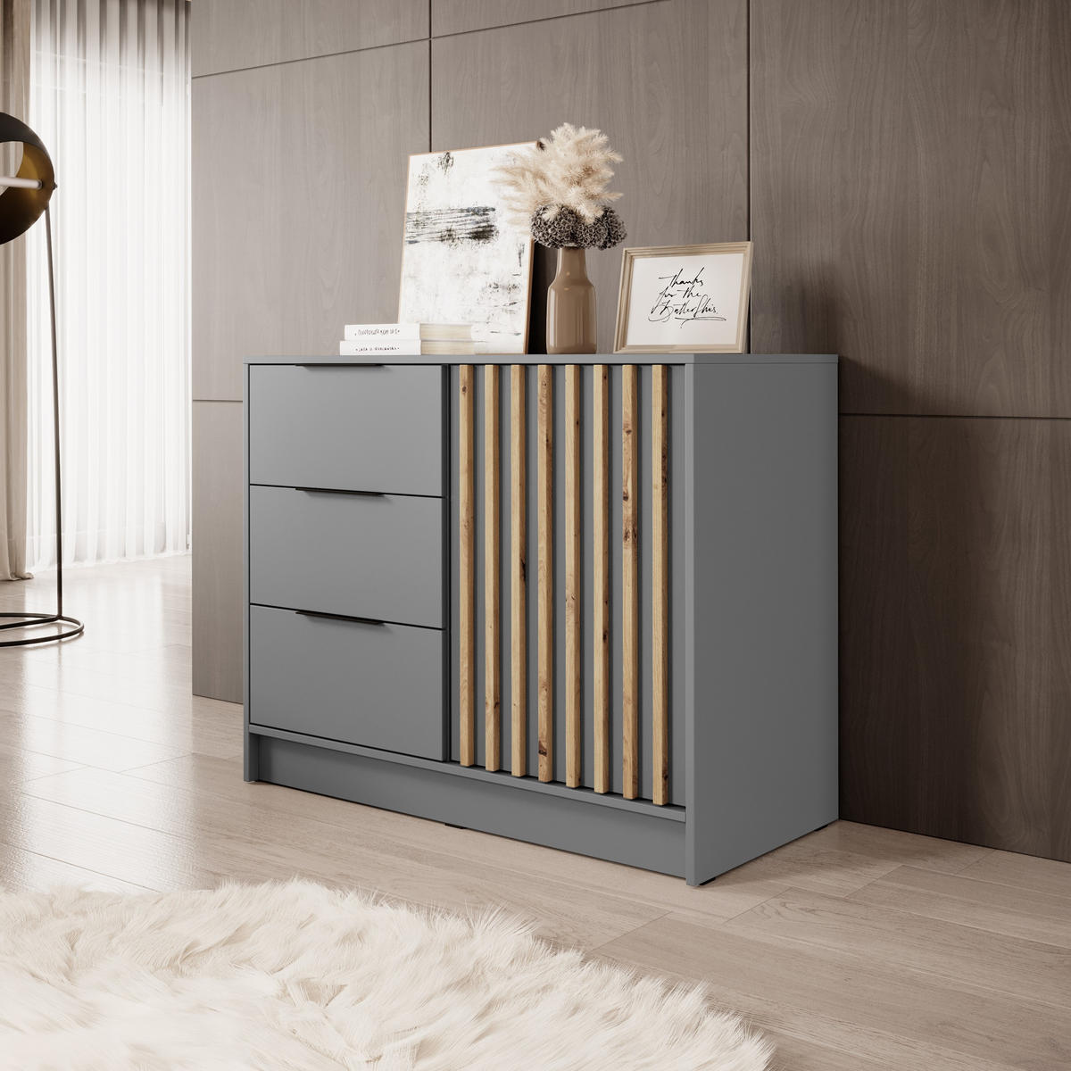 SIDEBOARD NELIANA 105/86/45cm mit 3 Schubladen 1 Türen Grau - Grau, Holzwerkstoff (105/86/45cm) - MASSENO