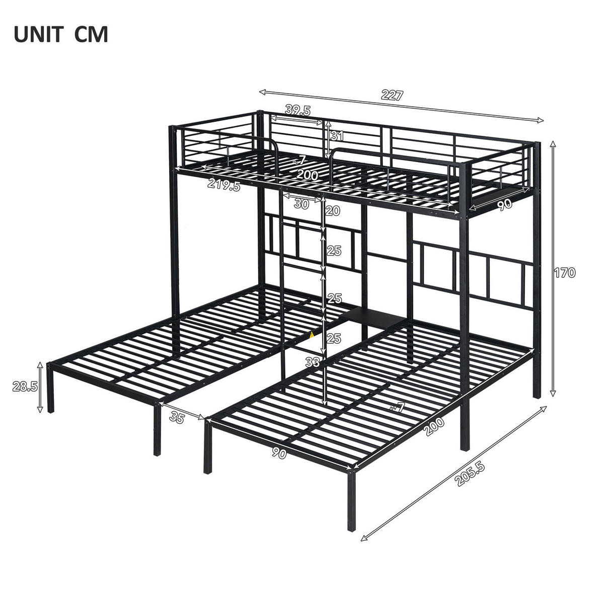KATNI krevet od metala 90x200 cm crna s ljestvama, zaštitnom ogradom i stolom za 3 osobe - crna, metal (90/200cm) - Modfu