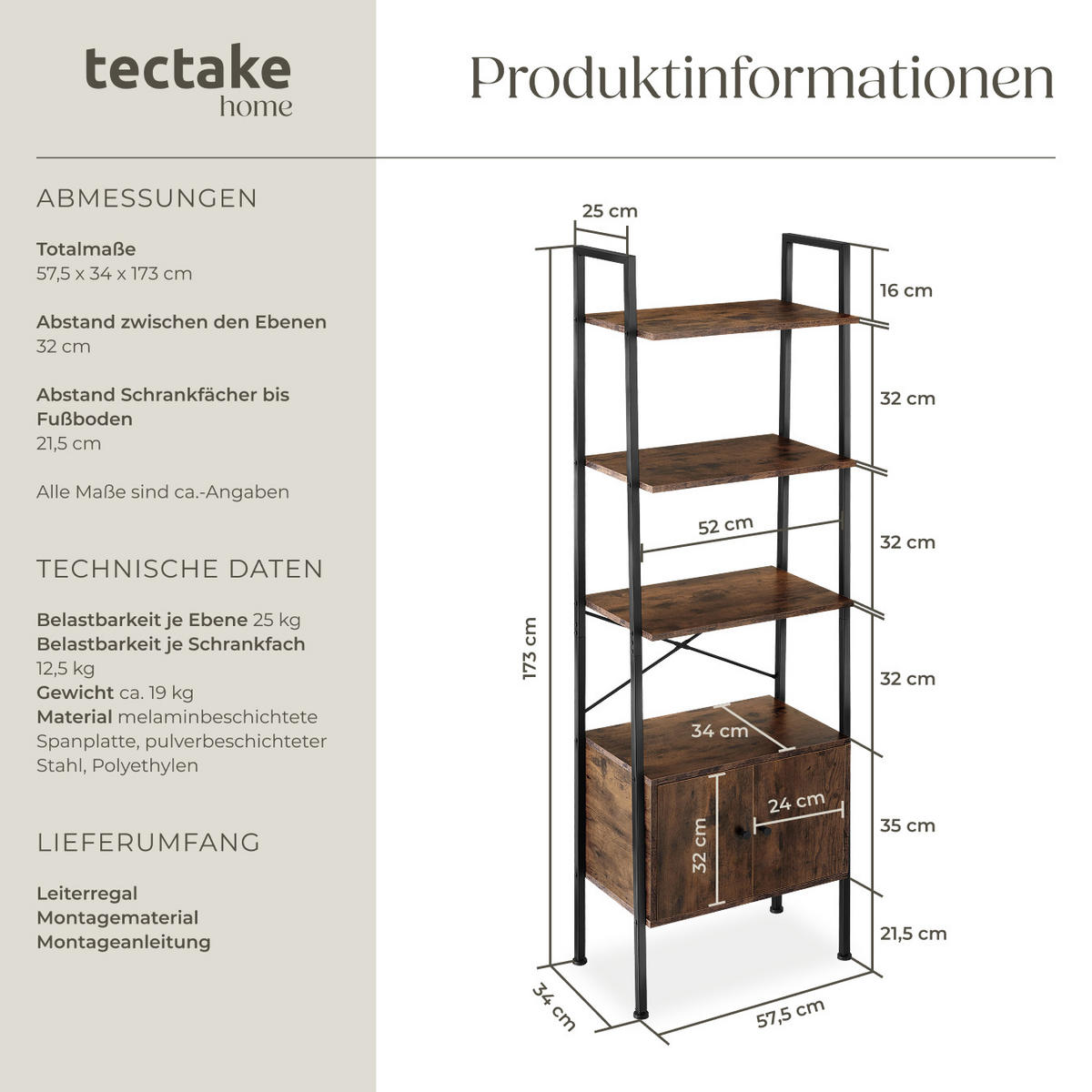 LEITERREGAL Brentwood,inklusive Kippschutz, 57,5 x 34 x 173 cm,Industrial Holz dunkel, rustikal - Rostfarben, Holzwerkstoff (34/173/57.5cm) - tectake