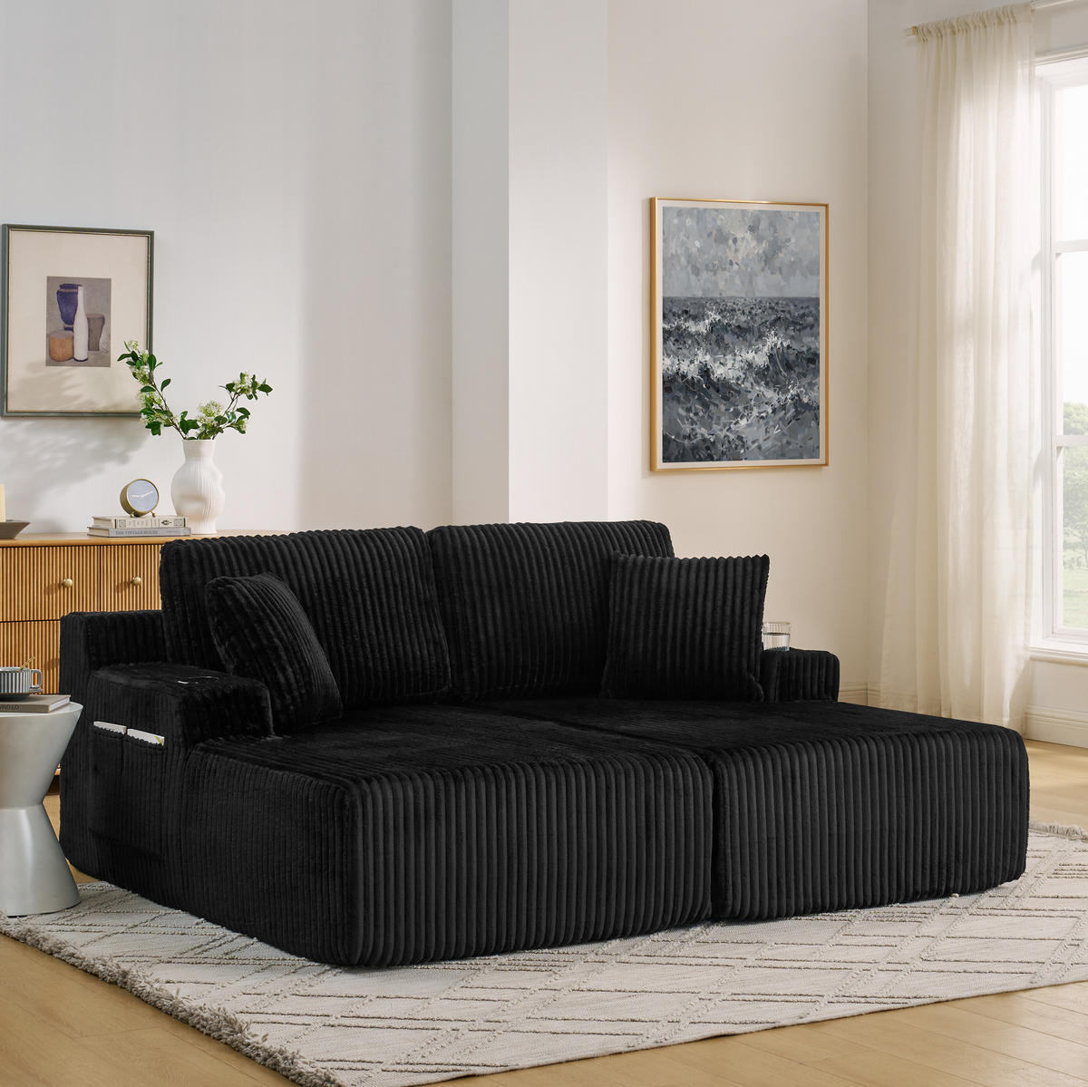 SCHLAFSOFA multifunktional als 2-Sitzer, Relaxsessel mit Magazintasche, Getränkehalter und Kissen, Schwarz - Schwarz, Kunststoff (186/78/154cm) - Redom