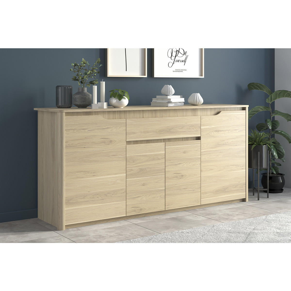 SIDEBOARD 4 Türen 1 Schublade Eiche Dekor L185 cm - Wendy - Weiß, Holzwerkstoff (45.8/85.5/185.3cm) - Calicosy